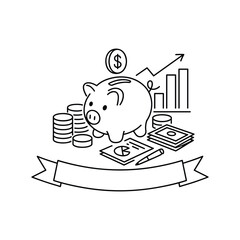 Illustrative piggy bank with coins and cash symbolizing financial growth and savings concepts