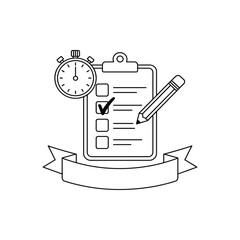 Line art checklist clipboard with stopwatch pencil and empty banner for text presentation
