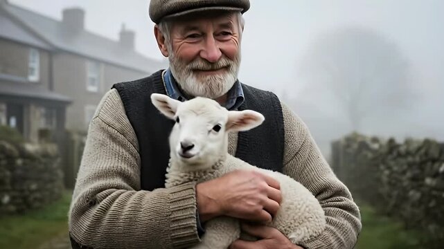 A heartwarming scene captures an experienced elderly man with a kind, bearded face and a flat cap, gently cradling a fluffy white lamb in his arms. He smiles warmly, conveying a tender bond and deep a