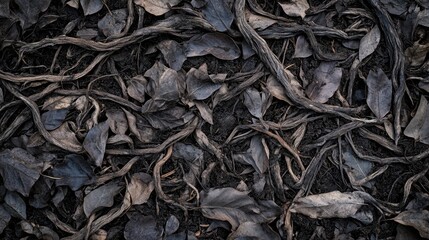A detailed overhead view of a tangled mass of brittle dried root systems and fallen leaves on the forest floor