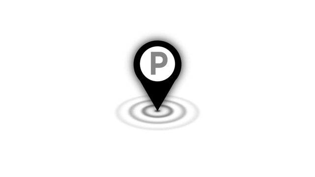 Icon of payed parking location, icon of parking location animation and radio waves on black background .
