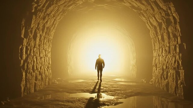 A lone figure walks purposefully towards a brilliant, golden light emanating from the end of a long, stone-walled tunnel, creating a strong sense of mystery and destiny. The rough, textured archway re