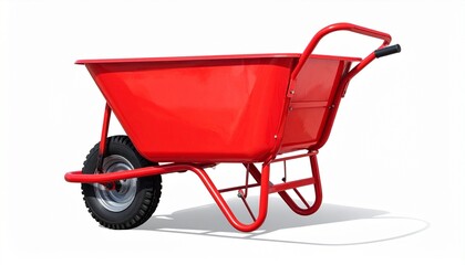 Red wheelbarrow with four tires evokes rugged utility, manual labor support, and outdoor task readiness