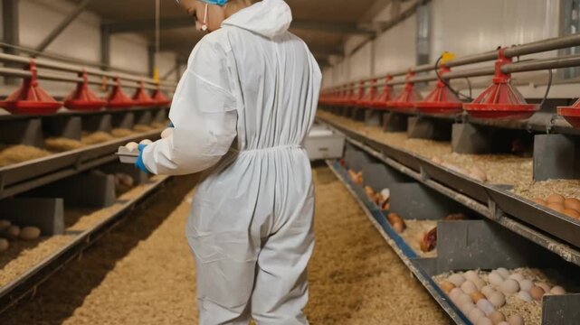 Medium shot of a worker carefully collecting turkey eggs by hand in a clean organized poultry farm setting emphasizing manual precision and gentle handling.