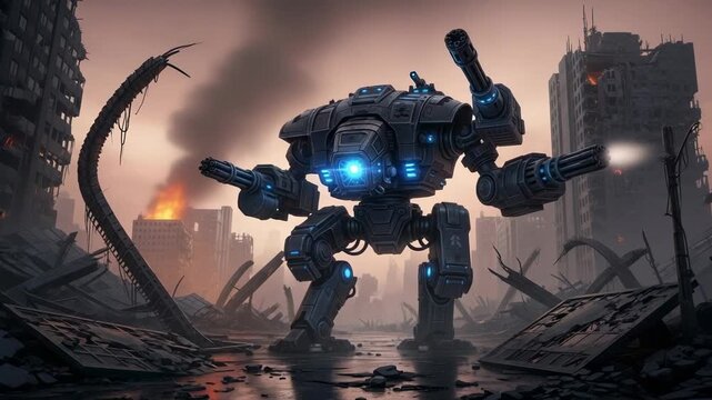 Giant War Robot in Ruined City