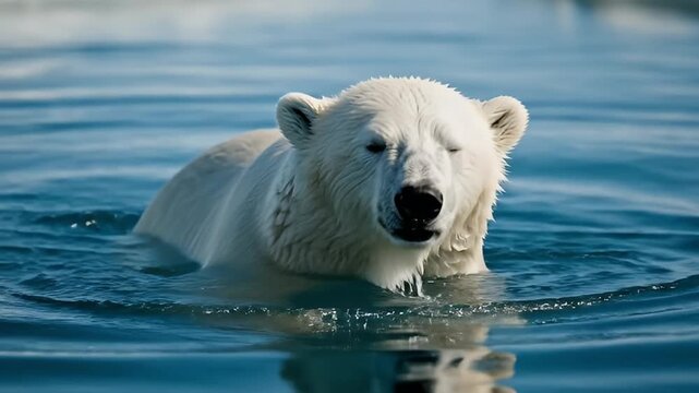 A magnificent polar bear swims gracefully through the clear, icy blue waters of its arctic environment. Its thick white fur, wet and glistening, paddles through the gentle ripples as the powerful anim