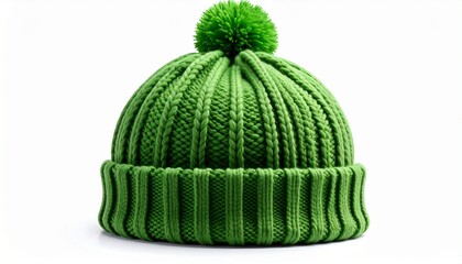 Green knitted winter hat with pom-pom evokes cozy fashion, seasonal warmth, and textured cold-weather styling