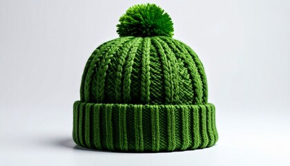 Green knitted winter hat with pom-pom evokes cozy fashion, seasonal warmth, and textured cold-weather styling