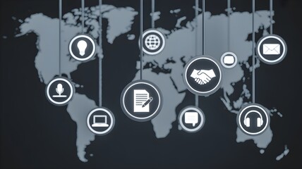 Obraz premium Silhouette world map with connected icon nodes (person, laptop, handshake, globe, phone) representing global collaboration and digital teamwork across borders.