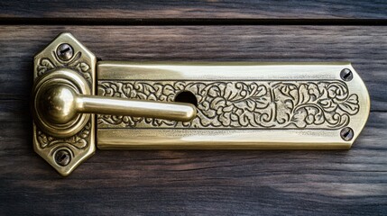 A gleaming antique brass lock with an ornate engraved pattern secured to a wooden door