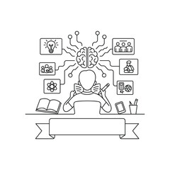 Student learning and developing knowledge through various academic concepts and ideas symbolized by a brain and icons