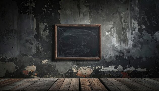 An empty, smudged chalkboard hangs on a dark, distressed wall above a rustic wooden floor.