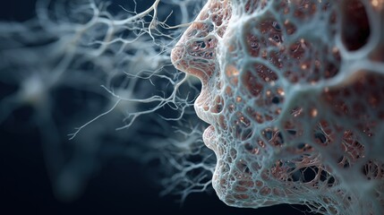 World Human Spirit Day: 3D illustration for World Human Spirit Day, microscopic view transitioning into human neural network forming a subtle human shape, resilience and consciousness concept