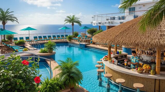 Tropical resort pool bar with ocean view, bartender making drinks, lounge chairs, palm trees