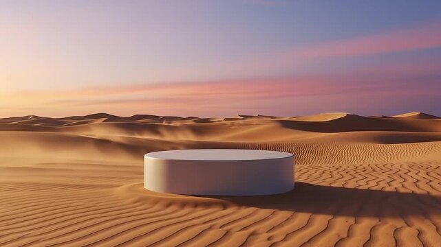 A majestic wide shot captures a pristine white cylindrical podium centered within an expansive desert landscape, bathed in the soft, ethereal glow of a vibrant sunset or sunrise. Golden sand dunes str
