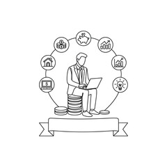 Successful businessman working on laptop surrounded by financial and business concept icons in circle