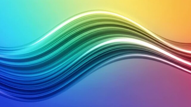 A mesmerizing abstract background featuring a dynamic, luminous wave of iridescent colors flowing smoothly across the frame. The vibrant spectrum transitions through shades of blue, green, yellow, ora