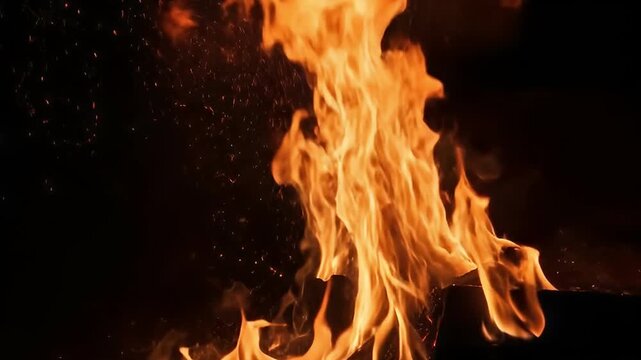 A mesmerizing close-up of vibrant orange and yellow flames dancing and flickering intensely against a deep, dark background. Glowing embers and sparks scatter dynamically through the air, adding to th