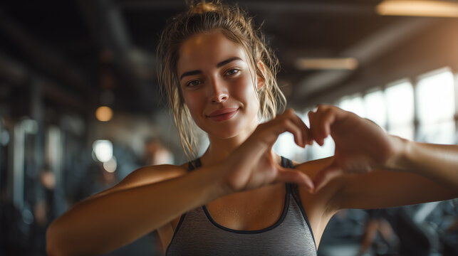 A smiling woman in a gym forms a heart shape with her hands, radiating positivity and fitness enthusiasm in a vibrant workout environment. - Powered by Adobe