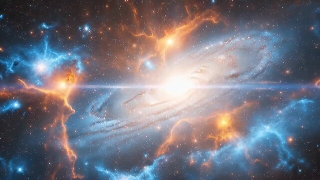 A mesmerizing cosmic spectacle unfolds across the vast expanse of deep space, featuring a brilliant spiral galaxy at its radiant core. Shimmering stars populate the infinite dark canvas, interspersed 