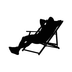 Silhouette of a man sunbathing on the beach with a white background