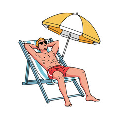 A man sunbathing on the beach with a white background