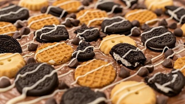 A mouth-watering close-up showcases a decadent, oversized chocolate dessert creation, generously topped with a rich layer of melted chocolate spread. An assortment of mini cookies, including dark choc