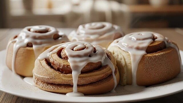 A mouth-watering close-up view of four freshly baked cinnamon rolls, generously topped with a decadent white glaze. The sweet, creamy frosting cascades down the golden-brown spirals of the warm pastri
