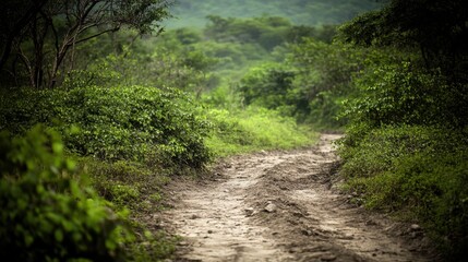 Obraz premium A dirt path winds through a lush green overgrown forest scene with dense vegetation on either side