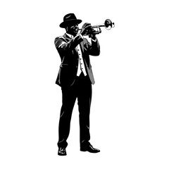 silhouette of a man playing the trumpet against a white background
