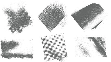 Six diverse grey textured abstract including brush strokes dots and smudges on a white background for and artistic overlays