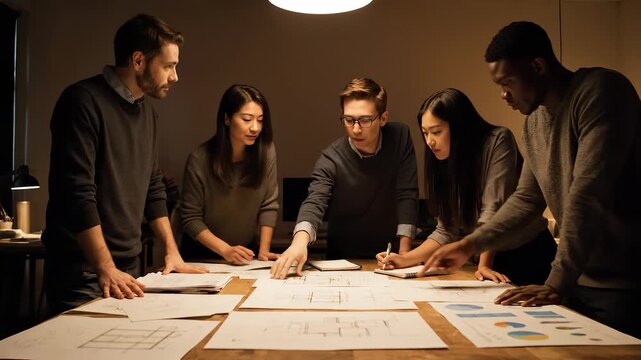 team meeting in office around project planning table. design blueprint and document spread across workspace. discussion over layout and timeline. planning aligns tasks and milestones. design review.