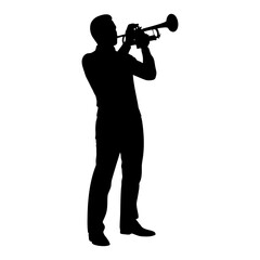 silhouette of a man playing the trumpet against a white background