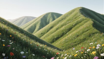 Rolling green hills blanketed in wildflowers under a soft, diffused light