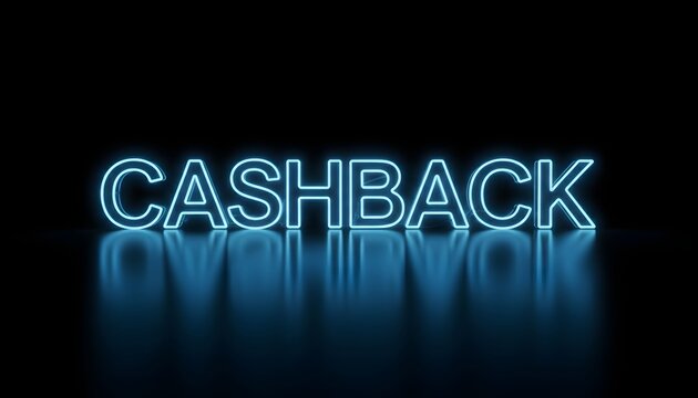 Neon cashback sign reflection on dark surface viewed from straight on
