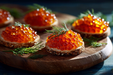 Salmon roe served on a wooden board with fresh dill in soft daylight, combining rustic styling with gourmet seafood presentation