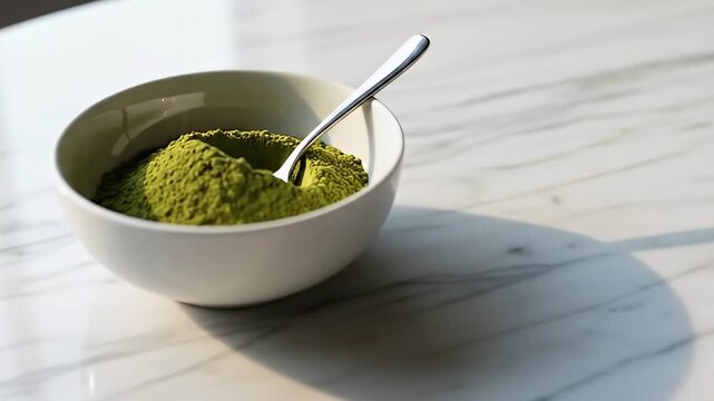 A pristine white bowl holds a vibrant heap of finely ground green powder, with a sleek silver spoon nestled within, resting on a luminous white marble surface. Bathed in bright, natural light, the sce