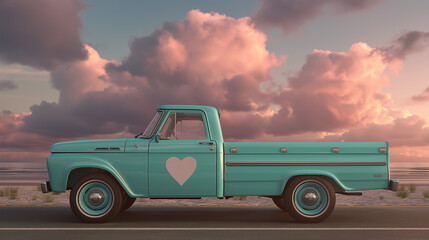 A vintage turquoise pickup truck with a heart design stands on a road near a beach, set against a backdrop of colorful clouds at sunset.