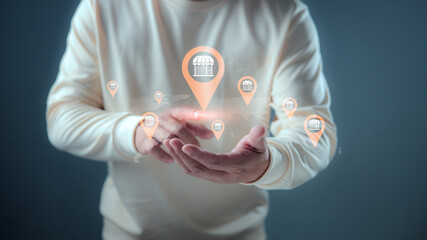 Businessman holding virtual world map with store location pins. Concept of global franchise...