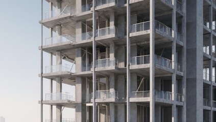 A high-rise concrete structure under construction against a clear blue sky
