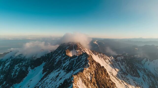 Pulling back drone revealing jagged peak over alpine ridges, wind spilling summit cloud cap down