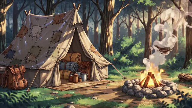 Woodland Camping Scene with Cozy Patched Tent and Crackling Campfire Illustration