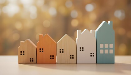 Row of miniature wooden houses on a table with a blurred background of golden lights