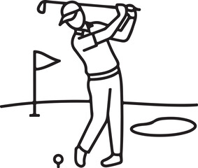 A golfer in mid-swing prepares to hit the ball towards the flag on the course