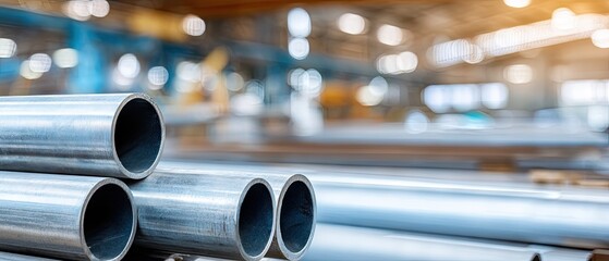 Black metal tubes stacked in a warehouse with blurred factory background and light flare, showcasing sharp focus and high-quality photography