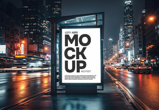 Night time bus stop city abri advertising mockup