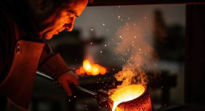 Man blacksmith forging metal with molten liquid in a crucible. Ancient handicraft, metallurgy, craft, traditional work, and fire concept - Powered by Adobe
