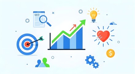 A colorful infographic featuring a growing graph and various business icons