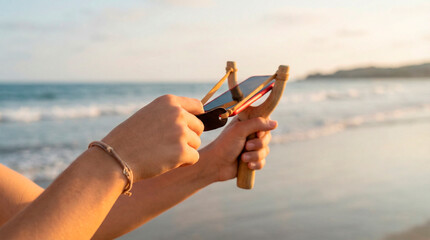 Photorealistic close-up of a young person’s hands pulling back a slingshot with a mobile phone in the elastic at the seaside, shot with a full-frame DSLR camera, 50 mm prime lens, wide aperture f/1.8 
