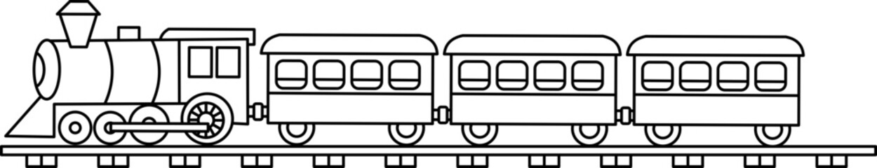 Train engine with three passenger cars on tracks. Suitable for transportation, travel, railway, and industrial themes in design projects. © Sawah Maya